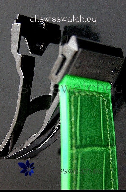 IMG_9081 Hublot Big Bang All Black Edition in Green Strap and Baguette Diamonds Bezel Replica 5