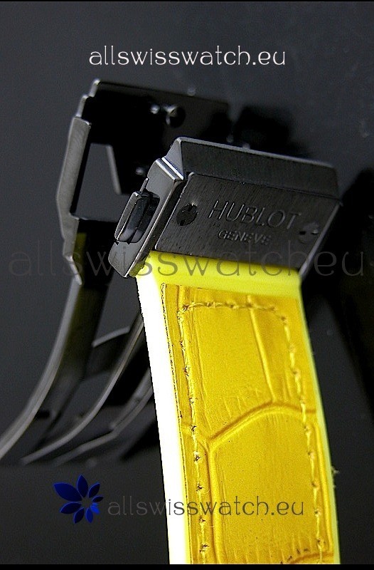 IMG_9081 Hublot Big Bang All Black Edition in Lemon Strap and Baguette Diamonds Bezel Replica 5