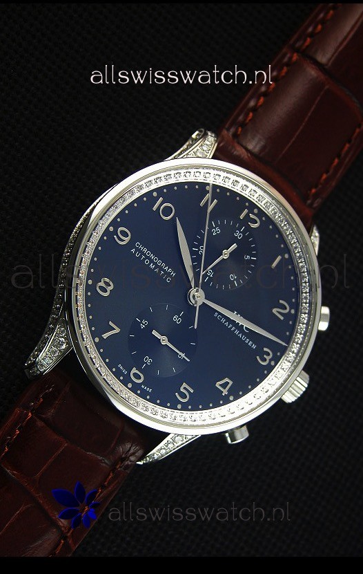 IMG_9081 IWC Portuguese Chronograph Black Dial Brown Strap with Diamonds 1:1 Mirror Replica 5