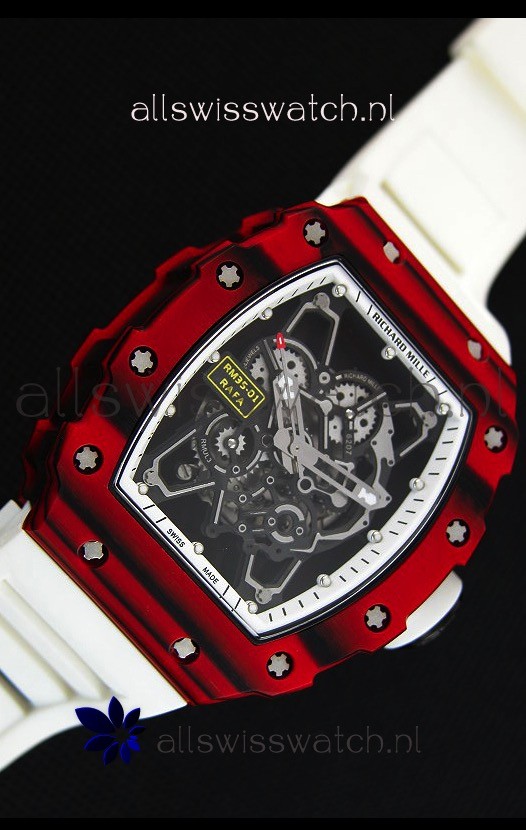 IMG_9081 Richard Mille RM35-01 One Piece Red Forged Carbon Case in White Strap Replica 5