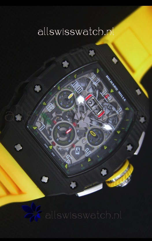 IMG_9081 Richard Mille RM011-03 One Piece Black Forged Carbon Case in Yellow Strap Replica 5