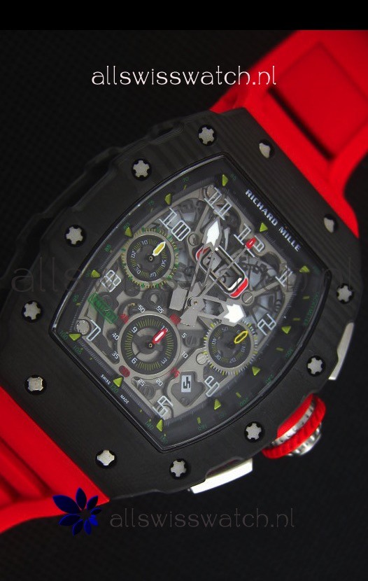 IMG_9081 Richard Mille RM011-03 One Piece Black Forged Carbon Case in Red Strap Replica 5