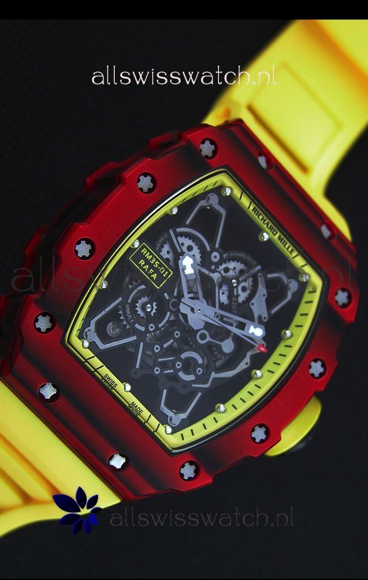 IMG_9081 Richard Mille RM35-01 One Piece Red Forged Carbon Case in Yellow Strap Replica 5