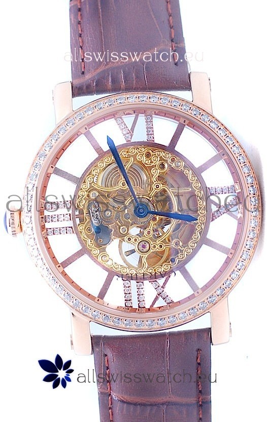 IMG_9081 Ronde De Cartier Skeleton Rose Gold in Diamond Bezel Replica 5