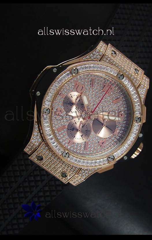 IMG_9081 Hublot Big Bang Rose Gold Quartz Movement in Black Strap Replica 5