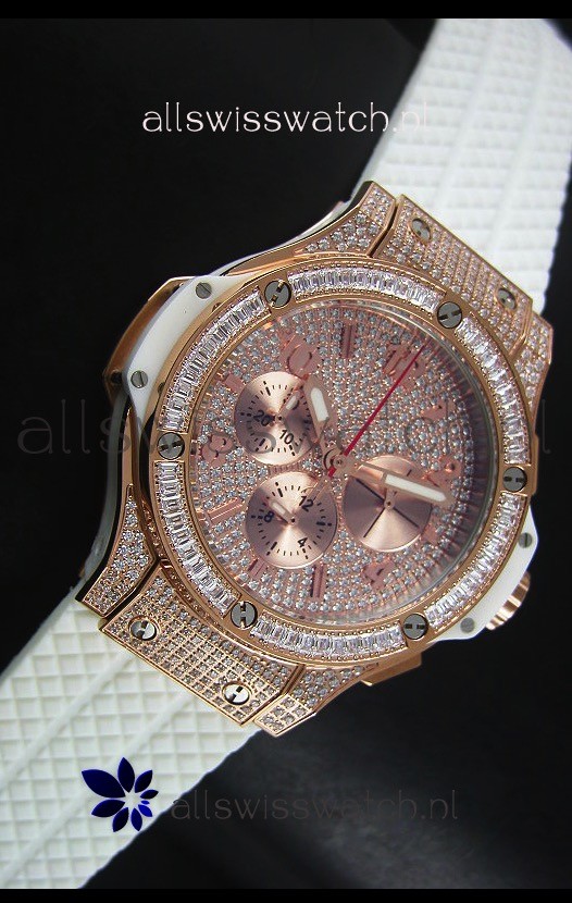 IMG_9081 Hublot Big Bang Rose Gold Quartz Movement in White Strap Replica 5
