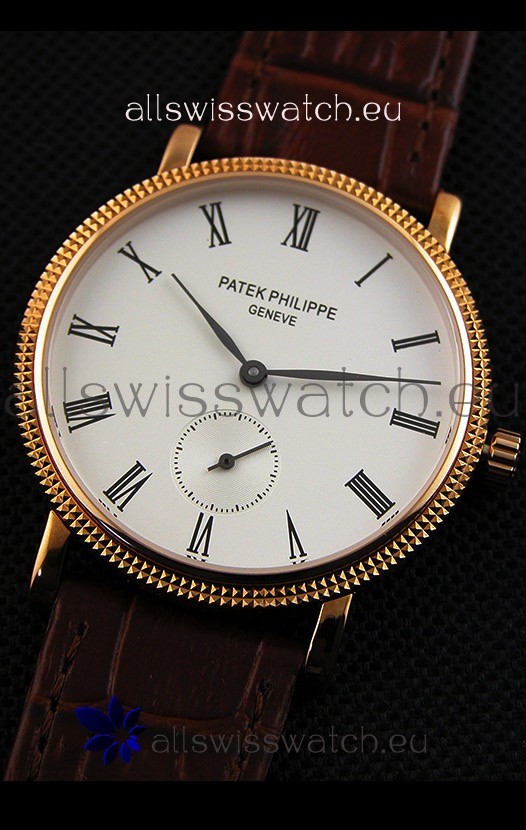 IMG_9081 Patek Philippe Calatrava Mens in Yellow Gold Case Brown Strap Replica 5