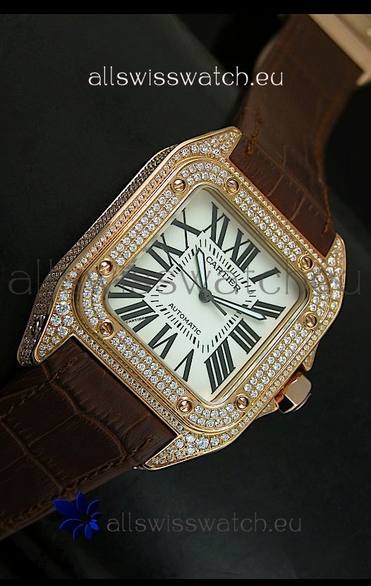 IMG_9081 Cartier Santos 100 1:1 Mirror Rose Gold Diamonds 42MM Replica 6