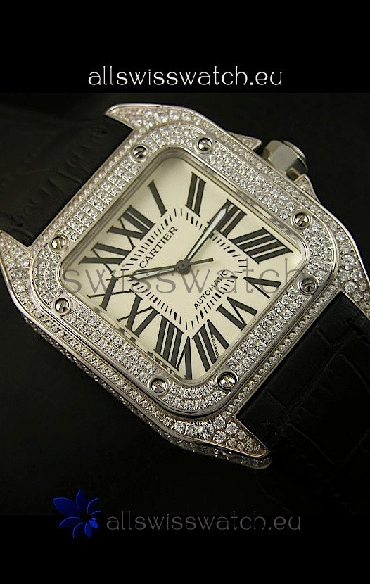 IMG_9081 Cartier Santos 100 1:1 Mirror Steel Diamonds Mens Size 42MM Replica 6