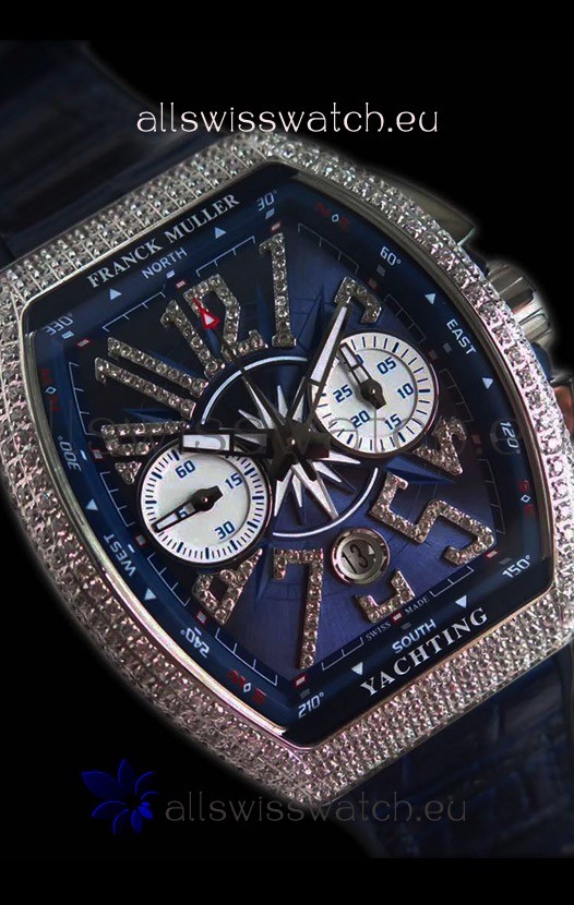 IMG_9081 Franck Muller Vanguard Chronograph 904L Steel Blue Dial with Diamonds Replica 6