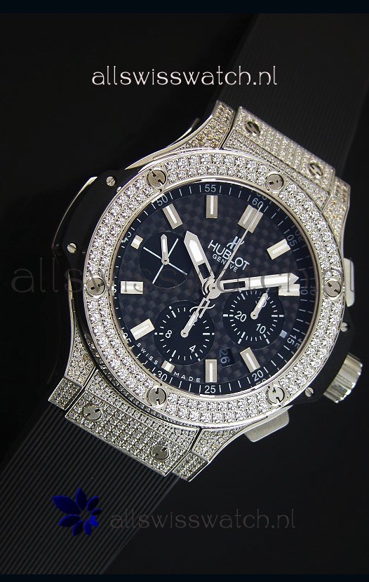 IMG_9081 Hublot Big Bang Carbon Dial Diamonds Studded Stainless Steel Replica 6