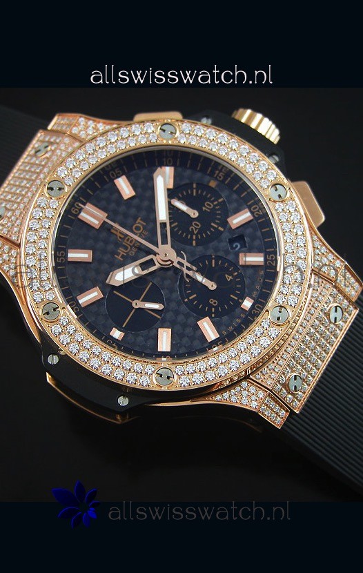 Hublot Big Bang Carbon Dial Diamonds Studded Rose Gold Replica 6