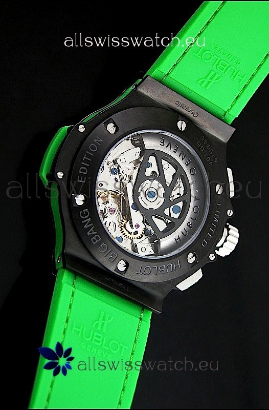 IMG_9081 Hublot Big Bang All Black Edition in Green Strap and Baguette Diamonds Bezel Replica 6