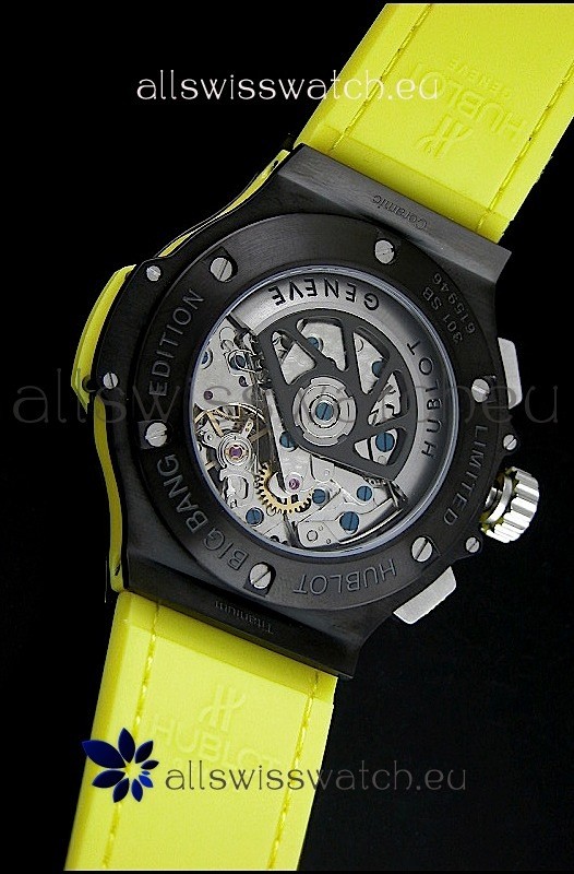 IMG_9081 Hublot Big Bang All Black Edition in Lemon Strap and Baguette Diamonds Bezel Replica 6