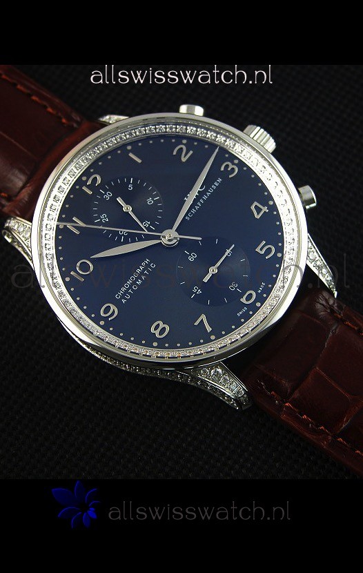 IMG_9081 IWC Portuguese Chronograph Black Dial Brown Strap with Diamonds 1:1 Mirror Replica 6