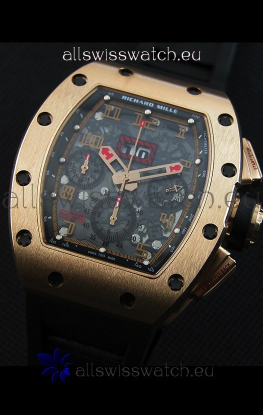 IMG_9081 Richard Mille RM011-FM Felipe Massa Pink Gold Plated Titanium Case in Black Strap Replica 6
