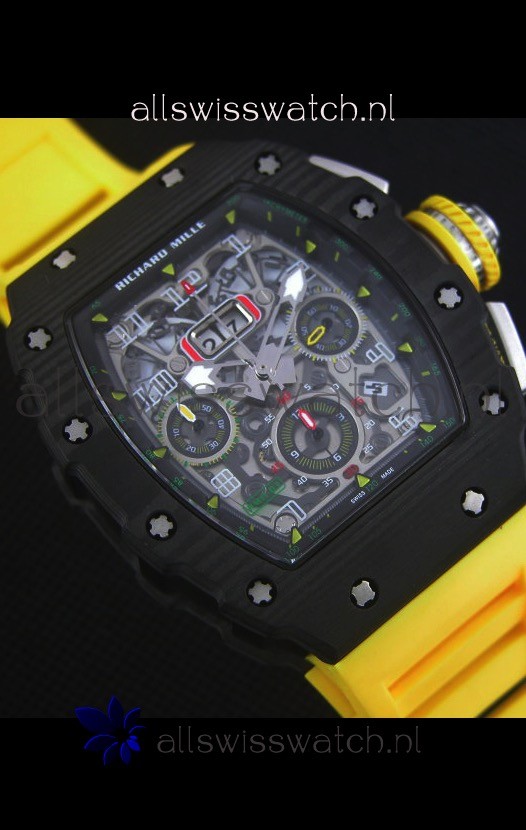IMG_9081 Richard Mille RM011-03 One Piece Black Forged Carbon Case in Yellow Strap Replica 6