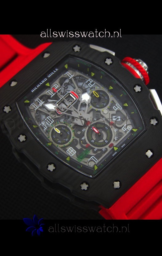 IMG_9081 Richard Mille RM011-03 One Piece Black Forged Carbon Case in Red Strap Replica 6