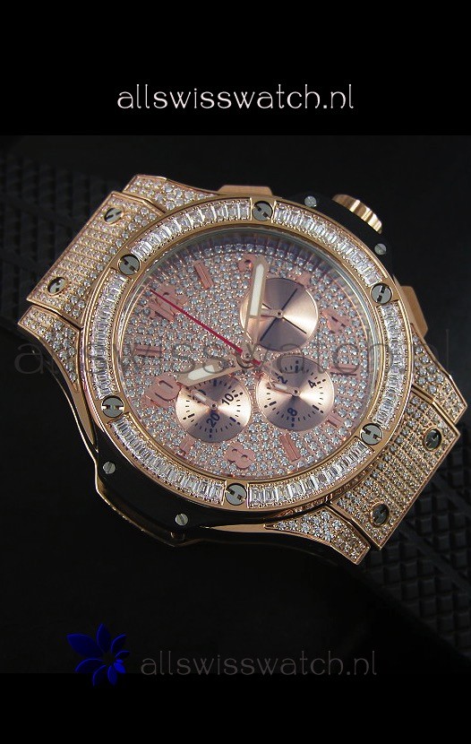IMG_9081 Hublot Big Bang Rose Gold Quartz Movement in Black Strap Replica 6