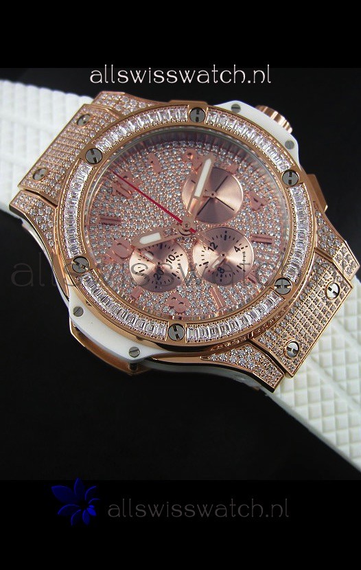 IMG_9081 Hublot Big Bang Rose Gold Quartz Movement in White Strap Replica 6
