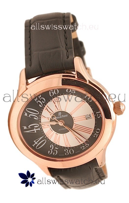 IMG_9081 Audemars Piguet Millenary Hour and Minute Swiss Rose Gold in Black Strap Replica 7