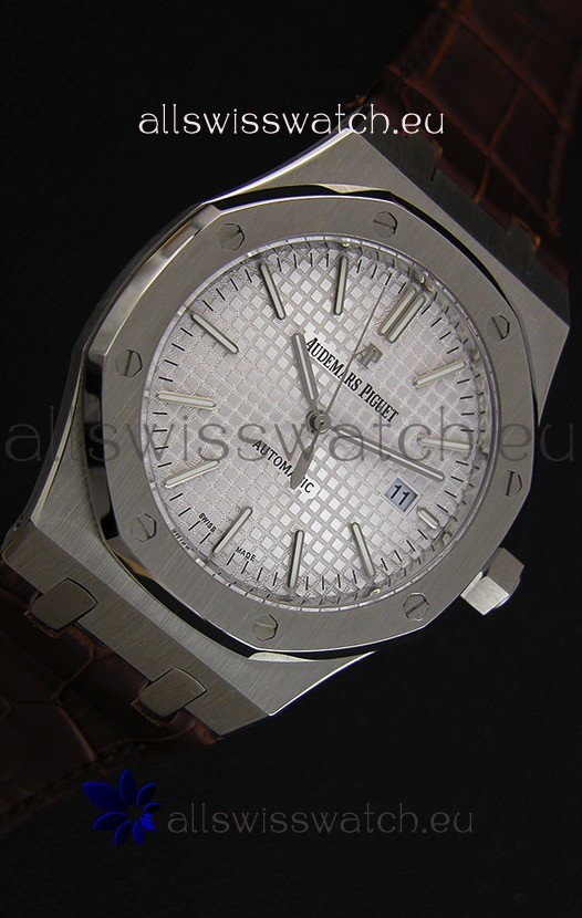 IMG_9081 Audemars Piguet Royal Oak 41MM Silver Dial Leather Strap - 1:1 Mirror Ultimate Edition Replica 7