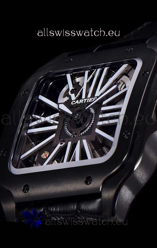IMG_9081 Cartier Santos DUMONT Skeleton in Black DLC Coated Casing Movement Replica 7