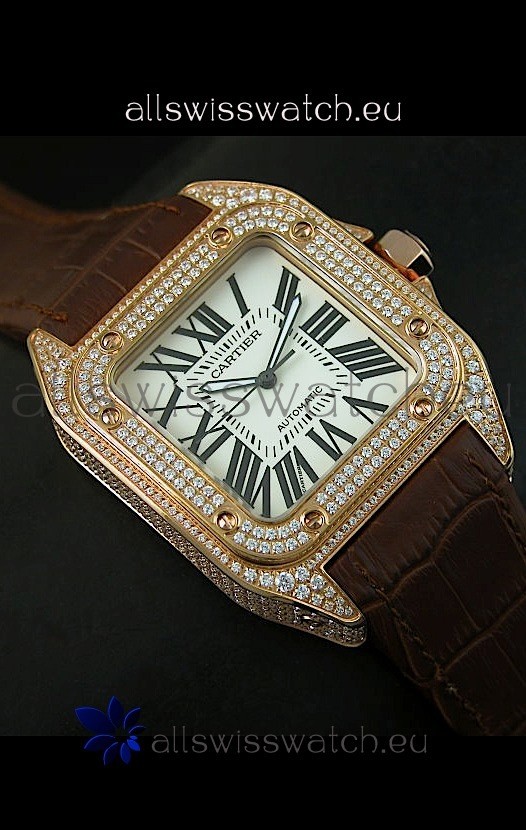 IMG_9081 Cartier Santos 100 1:1 Mirror Rose Gold Diamonds 42MM Replica 7