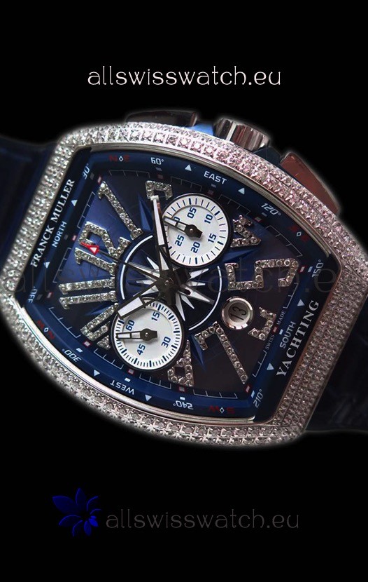 IMG_9081 Franck Muller Vanguard Chronograph 904L Steel Blue Dial with Diamonds Replica 7