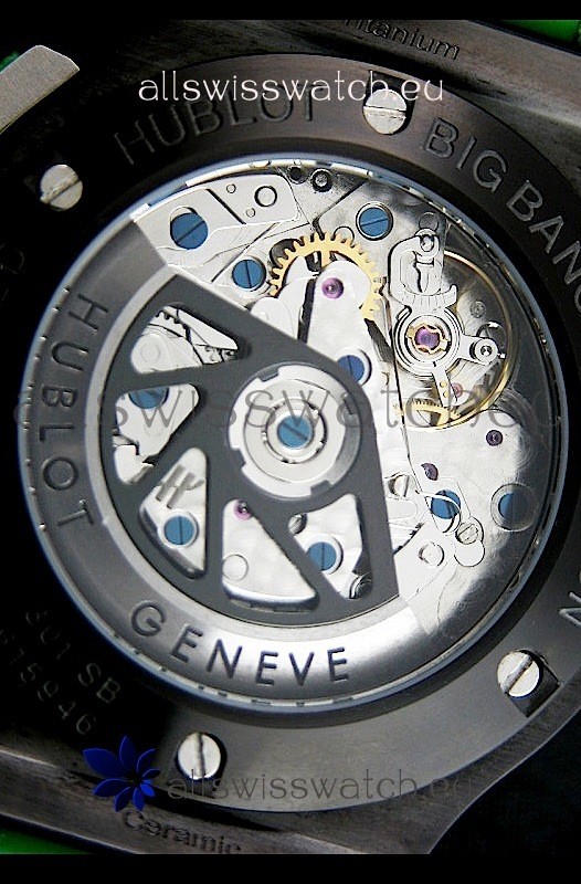 IMG_9081 Hublot Big Bang All Black Edition in Green Strap and Baguette Diamonds Bezel Replica 7