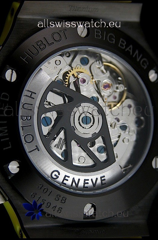 IMG_9081 Hublot Big Bang All Black Edition in Lemon Strap and Baguette Diamonds Bezel Replica 7