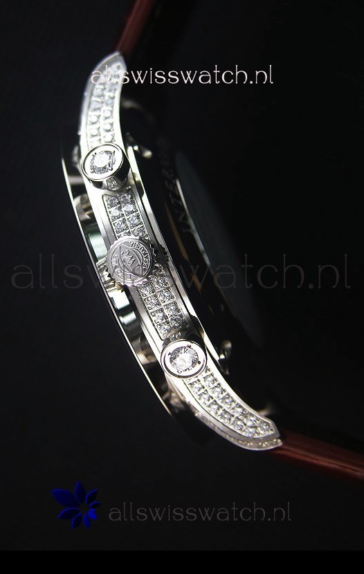 IMG_9081 IWC Portuguese Chronograph Black Dial Brown Strap with Diamonds 1:1 Mirror Replica 7