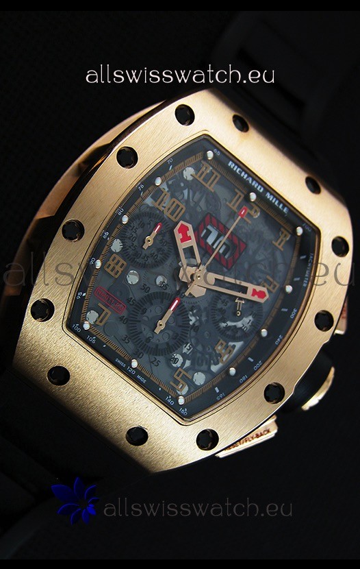 IMG_9081 Richard Mille RM011-FM Felipe Massa Pink Gold Plated Titanium Case in Black Strap Replica 7