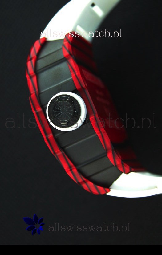 IMG_9081 Richard Mille RM35-01 One Piece Red Forged Carbon Case in White Strap Replica 7
