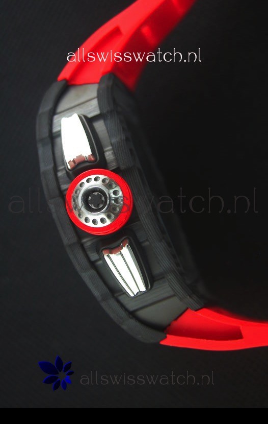 IMG_9081 Richard Mille RM011-03 One Piece Black Forged Carbon Case in Red Strap Replica 7