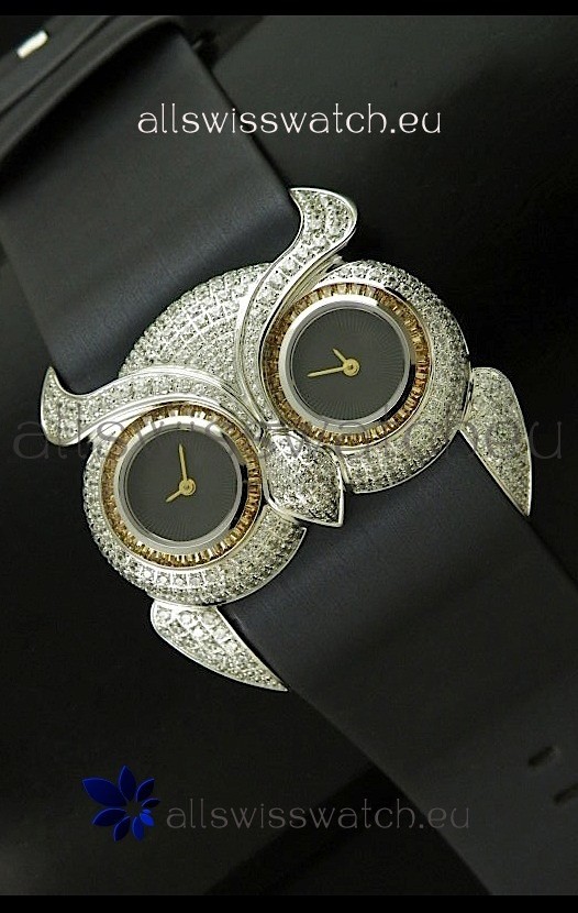 IMG_9081 Chopard Animal World Ladies Owl Black Full Diamond in Black Double Eyes Dial Replica 8