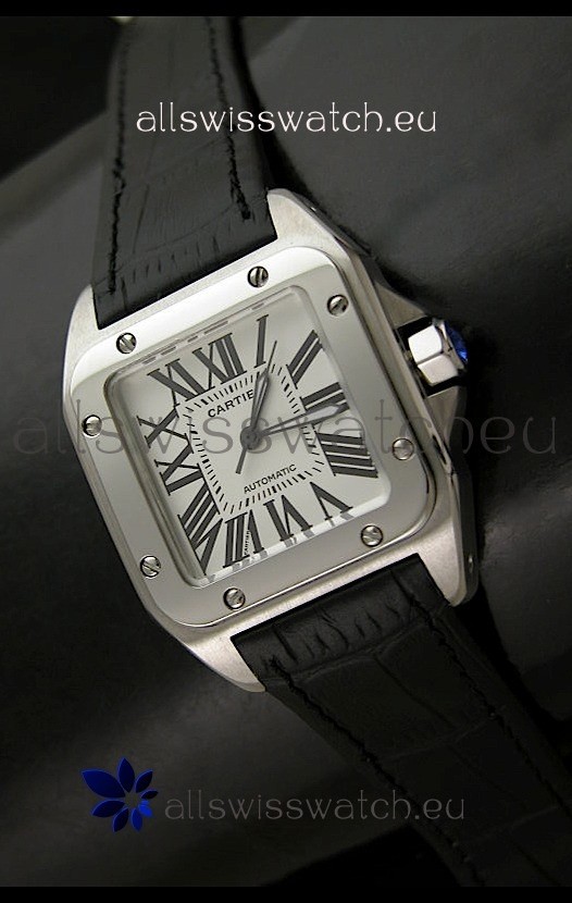 IMG_9081 Cartier Santos in Automatic in Black Strap Replica 8