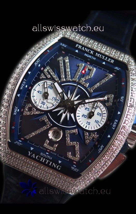 IMG_9081 Franck Muller Vanguard Chronograph 904L Steel Blue Dial with Diamonds Replica 8