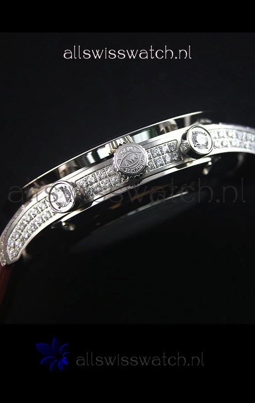 IMG_9081 IWC Portuguese Chronograph Black Dial Brown Strap with Diamonds 1:1 Mirror Replica 8