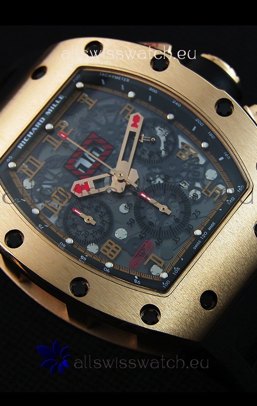 IMG_9081 Richard Mille RM011-FM Felipe Massa Pink Gold Plated Titanium Case in Black Strap Replica 8