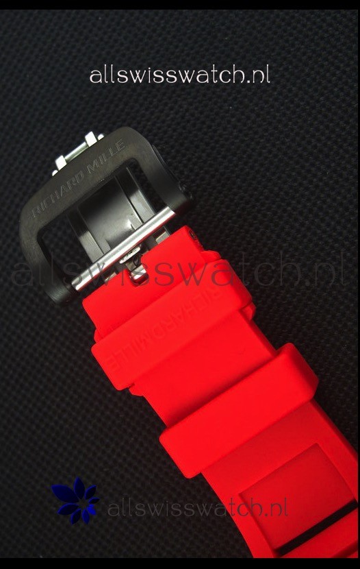IMG_9081 Richard Mille RM011-03 One Piece Black Forged Carbon Case in Red Strap Replica 8