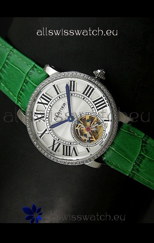 IMG_9081 Cartier Ronde de Tourbillon Diamond in Green Strap Replica 8