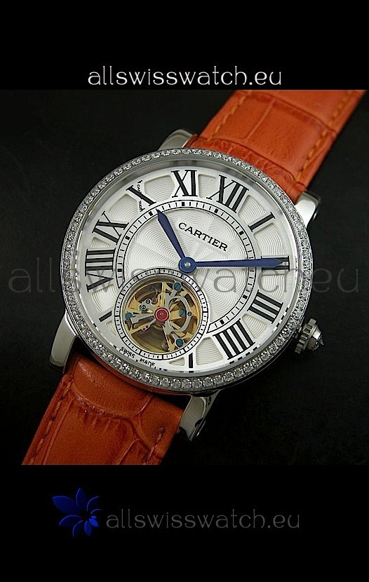 IMG_9081 Cartier Ronde de Tourbillon Diamond in Brown Strap Replica 8