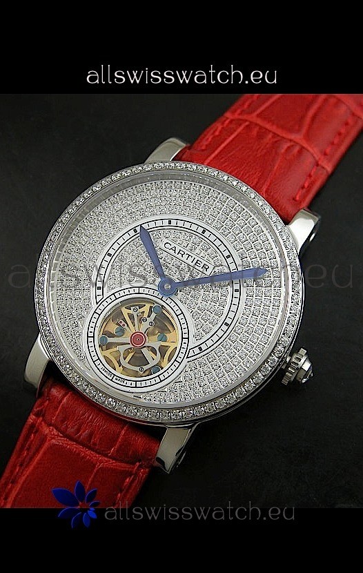 Cartier Ronde de Tourbillon Diamond in Red Strap Replica 8