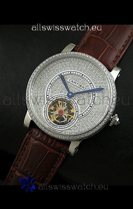 IMG_9081 Cartier Ronde de Tourbillon Diamond in Brown Strap Replica 8
