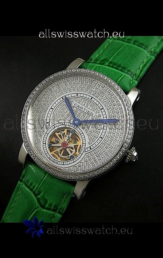 IMG_9081 Cartier Ronde de Tourbillon Diamond in Green Strap Replica 8