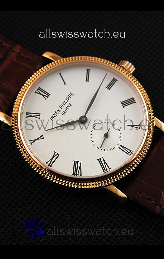 IMG_9081 Patek Philippe Calatrava Mens in Yellow Gold Case Brown Strap Replica 8