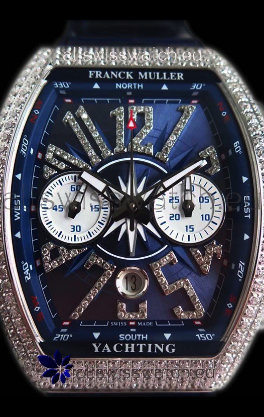 IMG_9081 Franck Muller Vanguard Chronograph 904L Steel Blue Dial with Diamonds Replica 8