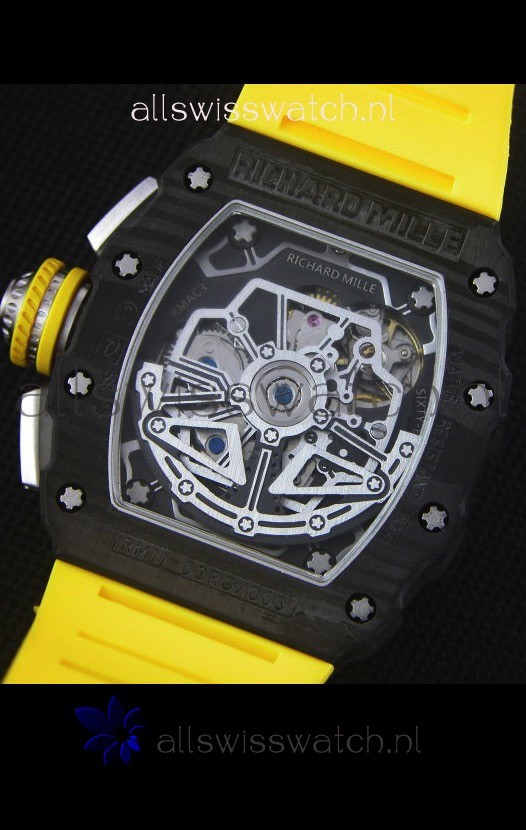 IMG_9081 Richard Mille RM011-03 One Piece Black Forged Carbon Case in Yellow Strap Replica 8