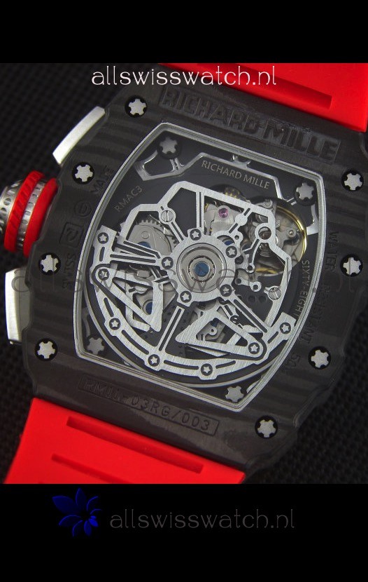 IMG_9081 Richard Mille RM011-03 One Piece Black Forged Carbon Case in Red Strap Replica 8